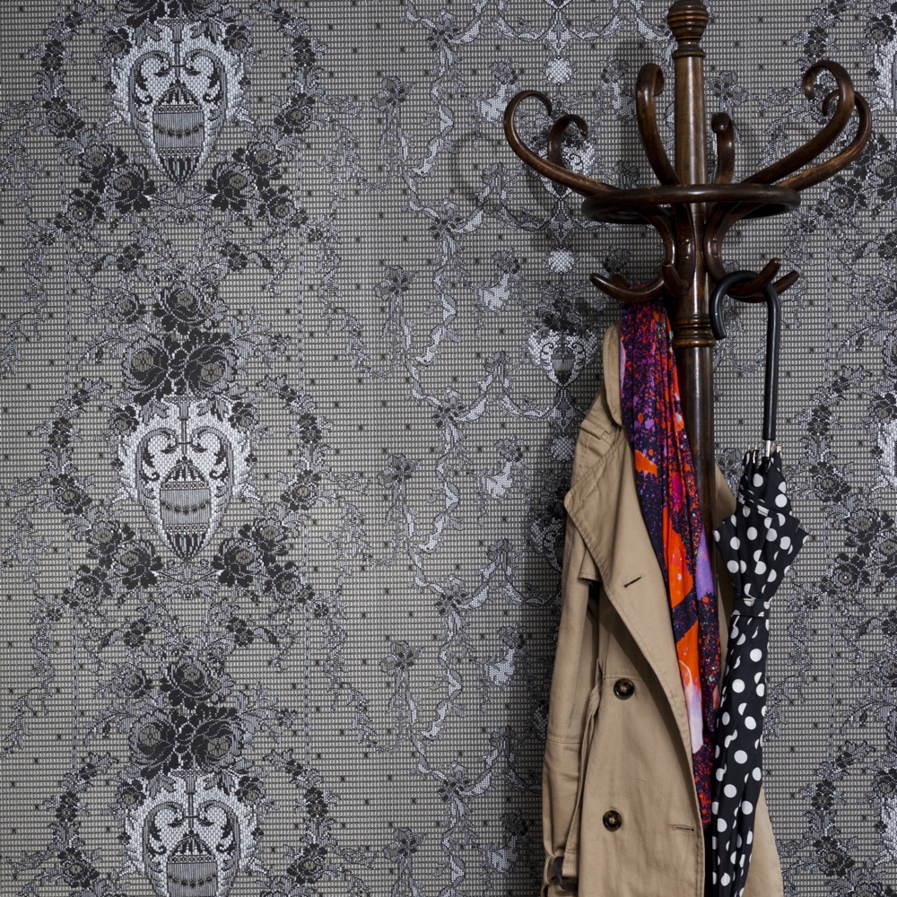 SAMPLE-Rose Damask Paper Lace Wallpaper - Sandy Pearl - Image 2